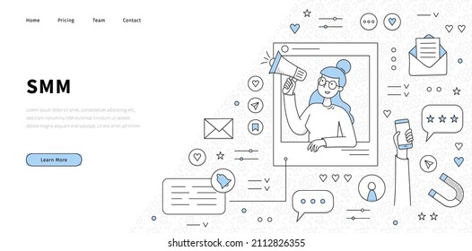 Página de inicio de SMM social, media, línea de marketing. Empresaria de Doodle con altavoces e íconos de los medios alrededor. Concepto de negocio con influencia que atrae seguidores en internet, Banner web Vector