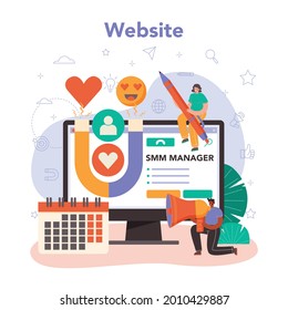 SMM social media marketing online service or platform. Advertising of business in internet through social network. Website. Flat vector illustration