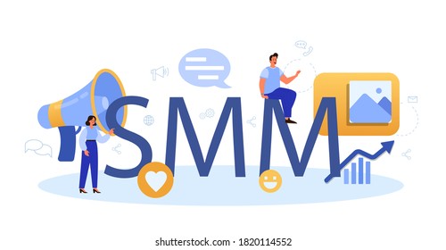 SMM social media marketing typographic header. Advertising of business in the internet through social network. Like and share content. Isolated flat illustration