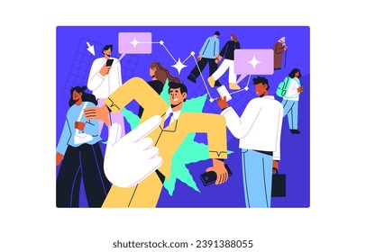 Smm, social media, network concept. Cursor choose person in crowd to follow. Targeting advertising. Online communication. People chat in internet by smartphone, send messages. Flat vector illustration