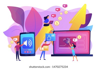 SMM, Social Media Network Influencer Marketing. High ROI Content, Top Media Content Production, Measure Your Content Investment Concept. Bright Vibrant Violet Vector Isolated Illustration