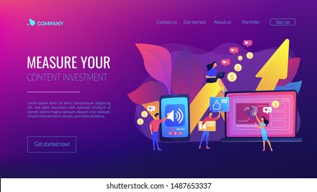 SMM, social media network influencer marketing. High ROI content, top media content production, measure your content investment concept. Website homepage landing web page template.