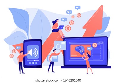 SMM, Social Media Network Influencer Marketing. High ROI Content, Top Media Content Production, Measure Your Content Investment Concept. Pinkish Coral Bluevector Isolated Illustration