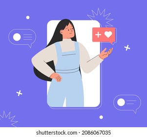 Smm, social networking, promotion, concept. Young happy woman holding a speech bubble with like. Social media influencer at work. Flat style vector.