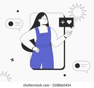 Smm, Social Networking, Promotion, Concept. Young Happy Woman Holding A Speech Bubble With Like. Social Media Influencer At Work.