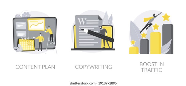 Smm software abstract concept vector illustration set. Content plan, copywriting, boost in traffic, social media planner, digital marketing strategy, content generation, seo abstract metaphor.