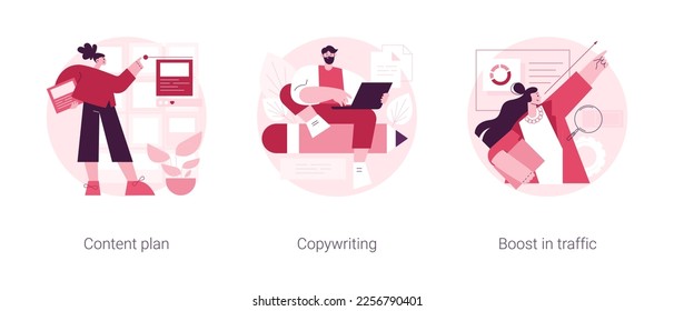 Smm software abstract concept vector illustration set. Content plan, copywriting, boost in traffic, social media planner, digital marketing strategy, content generation, seo abstract metaphor.