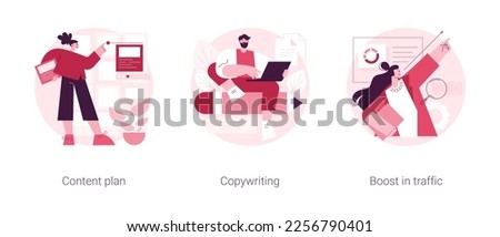 Smm software abstract concept vector illustration set. Content plan, copywriting, boost in traffic, social media planner, digital marketing strategy, content generation, seo abstract metaphor.