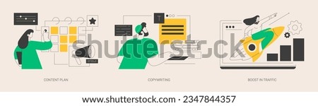 Smm software abstract concept vector illustration set. Content plan, copywriting, boost in traffic, social media planner, digital marketing strategy, content generation, seo abstract metaphor.