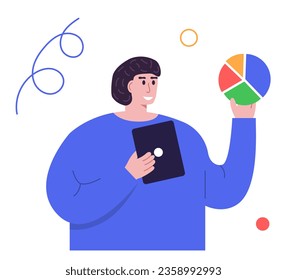 Smm specialist concept. Man with statistic. Marketing technology concept. Trendy character. Vector illustration