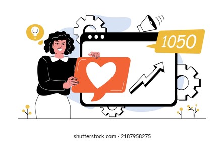 SMM specialist concept. Woman promotes social media accounts, girl with heart. Poster or banner for website, online marketing. Collection of statistics on Internet. Cartoon flat vector illustration