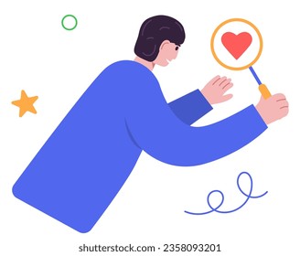 SMM specialist with magnifying glass. Marketing technology concept. Vector illustration