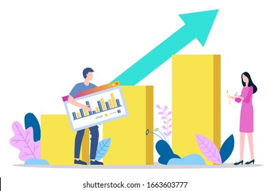 SMM specialists with analysis of social media and audience. Workers with charts and info for boosting followers and clients of website. Floral decor on infocharts, people with stats vector in flat