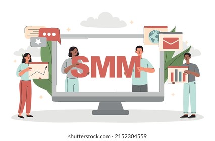 SMM specialists concept. Man and girl on computer screen. Modern technologies and promotion of goods and services on Internet. Employees evaluate user engagement. Cartoon flat vector illustration