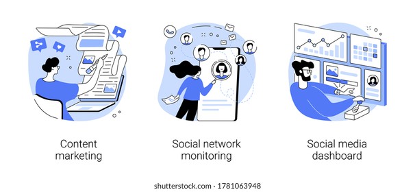 SMM strategy abstract concept vector illustration set. Content marketing, social network monitoring, social media dashboard, digital marketing, user engagement, report analysis abstract metaphor. - Shutterstock ID 1781063948