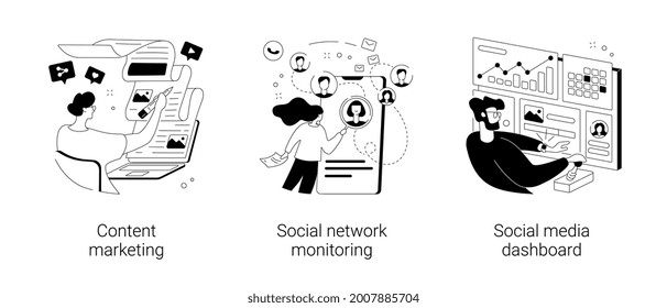 Conjunto de ilustraciones vectoriales de concepto abstracto de estrategia SMM. Marketing de contenido, monitoreo de redes sociales, tablero de medios sociales, marketing digital, compromiso de usuarios, análisis de informes metáforas abstractas.