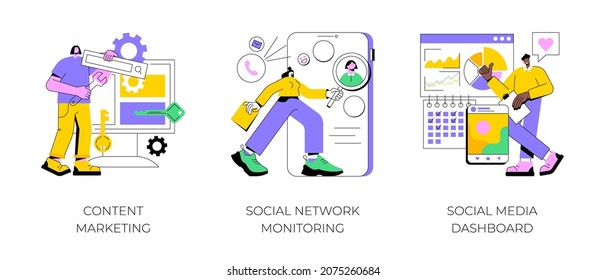 SMM strategy abstract concept vector illustration set. Content marketing, social network monitoring, social media dashboard, digital marketing, user engagement, report analysis abstract metaphor.