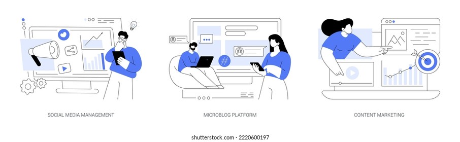 SMM strategy abstract concept vector illustration set. Social media management, microblog platform, online content marketing, user engagement and interaction, sharing post abstract metaphor.