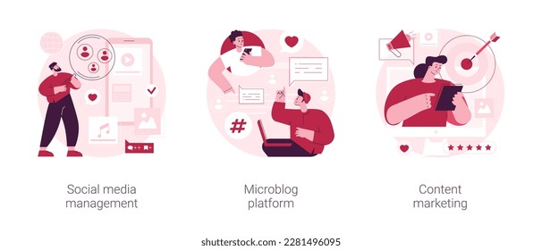Conjunto de ilustraciones vectoriales de concepto abstracto de estrategia SMM. Gestión de medios sociales, plataforma de microblogs, marketing de contenido en línea, compromiso e interacción de los usuarios, compartiendo metáfora abstracta post.