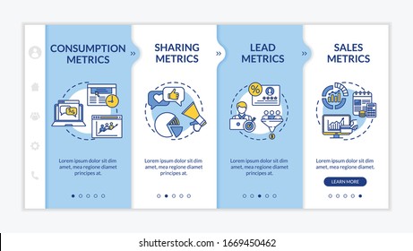 SMM strategy analysis onboarding vector template. Content marketing campaign efficiency metrics. Responsive mobile website with icons. Webpage walkthrough step screens. RGB color concept