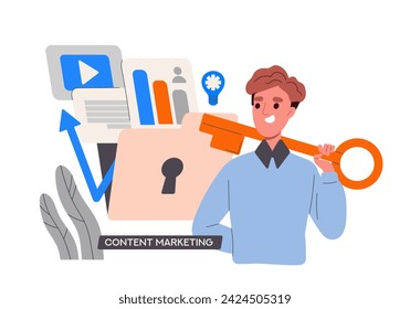 Concepto de estrategia SMM. Hombre con portátil con avatares de los usuarios. Promoción en redes sociales. Protección de datos personales. Marketing y comercio. Ilustración plana del vector de la historieta aislada sobre fondo blanco