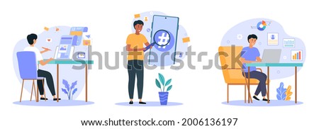 SMM strategy concept. Men study the needs of users and advertise their product on social networks. Content marketing, social network monitoring. Flat vector set isolated on a white background Foto stock © 