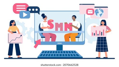 SMM strategy concept. Young man and woman analyze statistics and engaged in promotion and advertising of site. Content managers or SEO specialists at work. Cartoon modern flat vector illustration