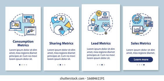 SMM strategy efficiency analytics onboarding mobile app page screen with concepts. Consumption metrics walkthrough 4 steps graphic instructions. UI vector template with RGB color illustrations