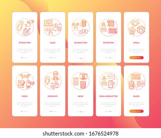 SMM strategy elements onboarding mobile app page screen with concepts set. Quality digital content walkthrough 5 steps graphic instructions. UI vector template with RGB color illustrations
