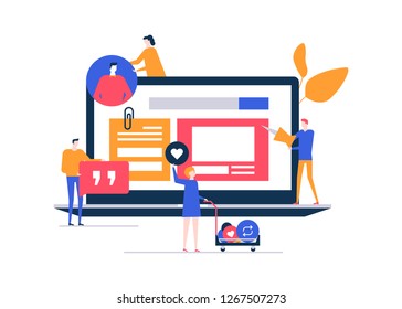 SMM strategy - flat design style colorful illustration on white background. A composition with male, female specialists, business team at the laptop, holding work tools, quote, pin, like button, clip