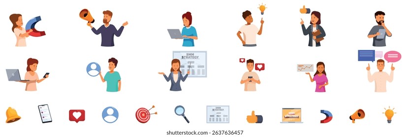 Smm strategy icons set. Marketing specialists working, using laptops, giving presentation, attracting clients, advertising products, and developing smm strategy