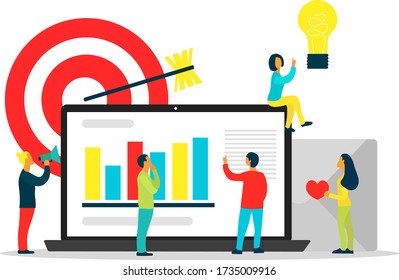 smm successful team. flat group of people with symbols social media marketing near laptop. Customer attraction and promotion network concept. Male and female characters for web.