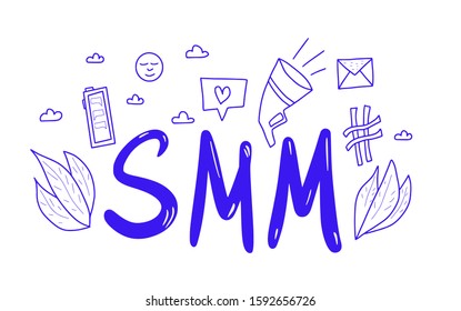 SMM text with decoration elements isolated on white background. Hand drawn social media marketing phrase. Vector stylized typography.