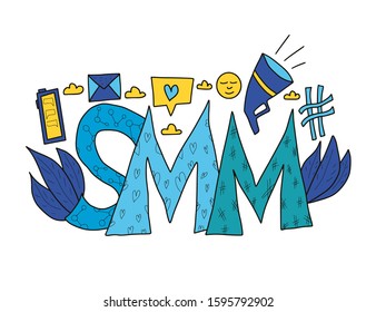 SMM text isolated on white background. Hand drawn social media marketing phrase. Vector stylized typography.