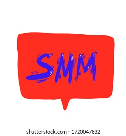 SMM text on bubble speech isolated on white background. Hand drawn social media marketing phrase. Vector stylized typography.