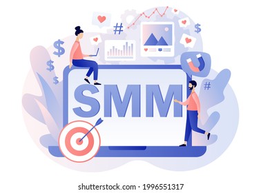 SMM - text on laptop screen. Tiny people work social media managers. Digital marketing, online advertising. SMM course or school. Modern flat cartoon style. Vector illustration on white background