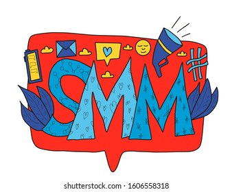 SMM text on speech bbble isolated on white background. Hand drawn social media marketing phrase and decoration. Vector stylized typography.