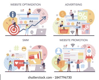 SMM and website promotion set. Customer attention and business communication. Marketing and advertising strategy. Search engine optimization for website and social media. Vector flat illustration