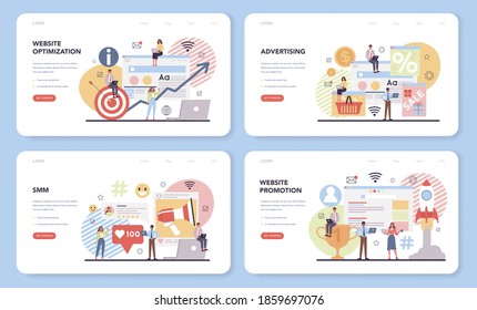 SMM and website promotion web banner or landing page set. Customer attention and business communication. Marketing and advertising strategy. Search engine optimization. Vector flat illustration