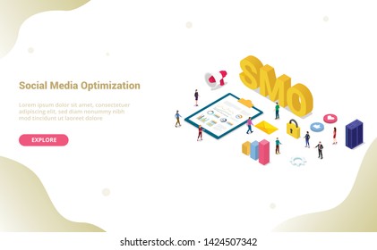 smo social media optimization concept with modern flat isometric style for website template or landing homepage - vector