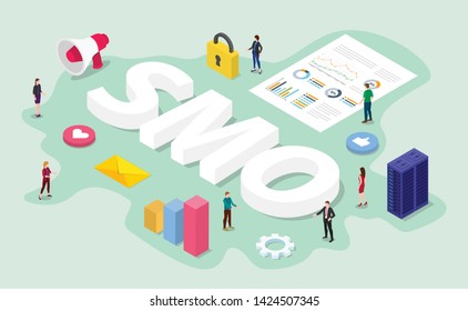 smo social media optimization concept with team it digital work on business data analysis with modern flat isometric style - vector
