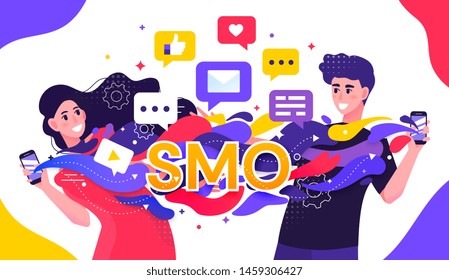 SMO or Social Media Optimization concept with two young people streaming data between multimedia mobile devices and the cloud with chat, business card and gear icons, colorful vector illustration.