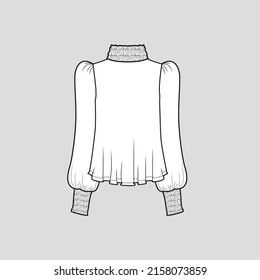 Smocked balloon sleeve fashion top smocking mock neck puff long sleeve with smocking cuffs fashion flare hem blouse t shirt top flat sketch technical drawing template design vector