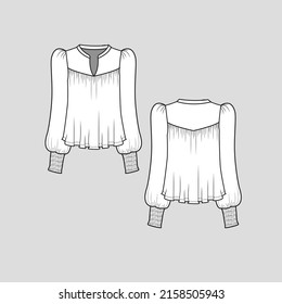 Smocked balloon sleeve fashion top smocking notch neck gathering detail puff long sleeve with smocking cuffs fashion flare hem blouse t shirt top flat sketch technical drawing template design vector