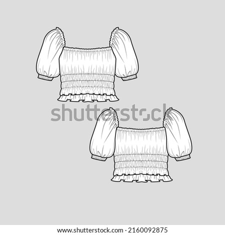 Smocked crop top fashion gathering detail short balloon sleeve with cuff square neck  ruffles frill hem cropped top t shirt blouse clothing flat sketch technical drawing template design vector