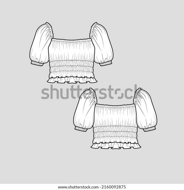 Smocked crop top fashion gathering detail short\
balloon sleeve with cuff square neck  ruffles frill hem cropped top\
t shirt blouse clothing flat sketch technical drawing template\
design vector