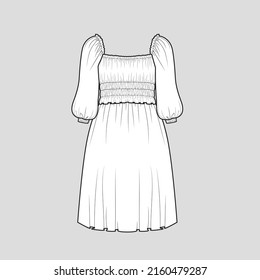 Smocked Fashion Dress Waist gathering detail balloon sleeve dresses  top t shirt blouse clothing flat sketch technical drawing template design vector
