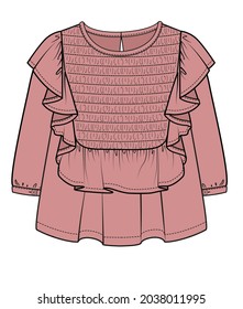 SMOCKED FRONT FRILLED WOVEN TOP FOR WOMEN AND TEEN GIRLS IN EDITABLE VECTOR