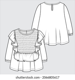 SMOCKED FRONT FRILLED WOVEN TOP FOR WOMEN AND TEEN GIRLS IN EDITABLE VECTOR