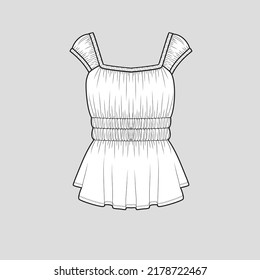 Smocked Gathering ruched sleeve top Shirred Ruched smocking sleeveless  fashion t shirt top blouse flat sketch technical drawing template design vector